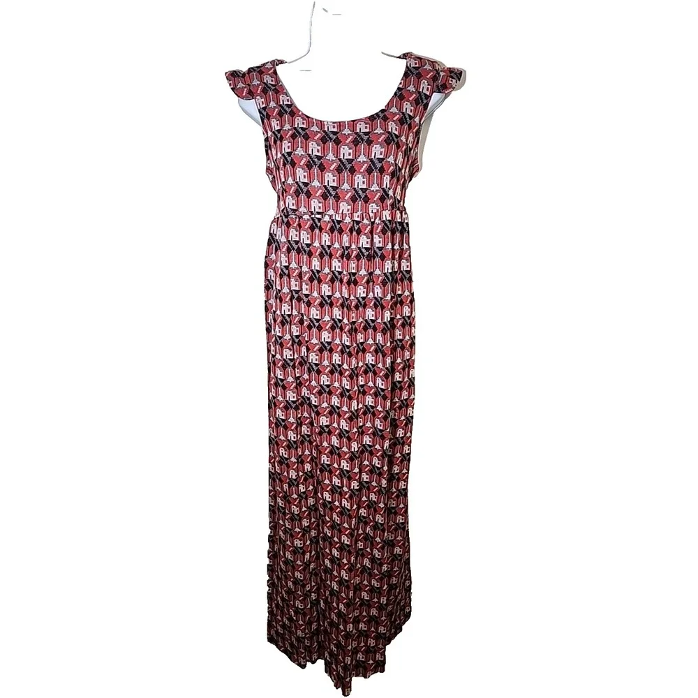 Vintage MOTHERHOOD Knit House Print Red Maternity Maxi‎ Dress SIZE M Acrylic